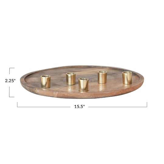 Hello Honey® 15.5" Decorative Natural & Gold Finish Mango Wood & Aluminum Tray Taper Candleholder